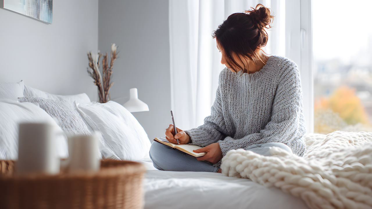 A woman sitting on a bed in a cozy room, writing in a notebook with natural light coming through a window.
