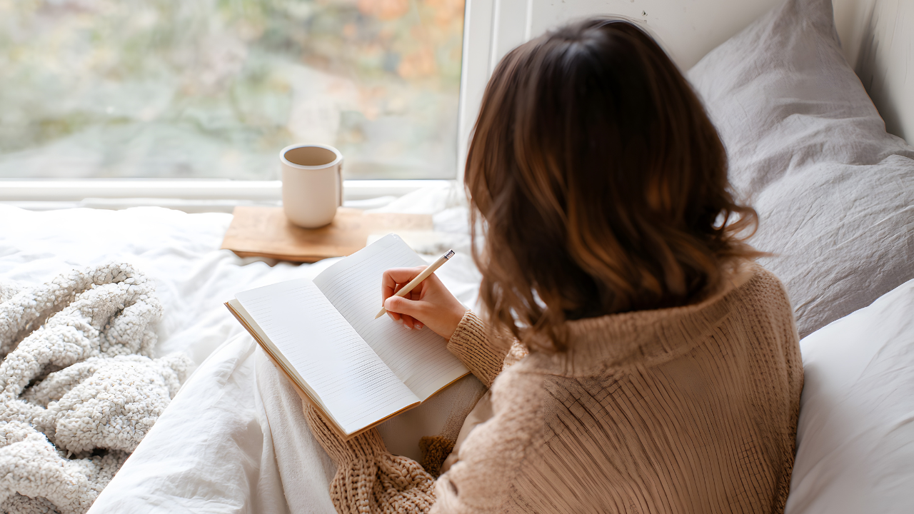 A woman sitting on a bed by a window, writing in a lined notebook with a pen, with a mug on a wooden tray beside her.