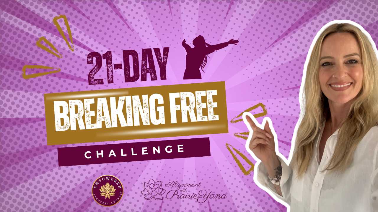 A woman smiling and pointing at a purple background with floral and artistic design elements, promoting a 21-day breaking free challenge by Empowered and Prairie Yana.