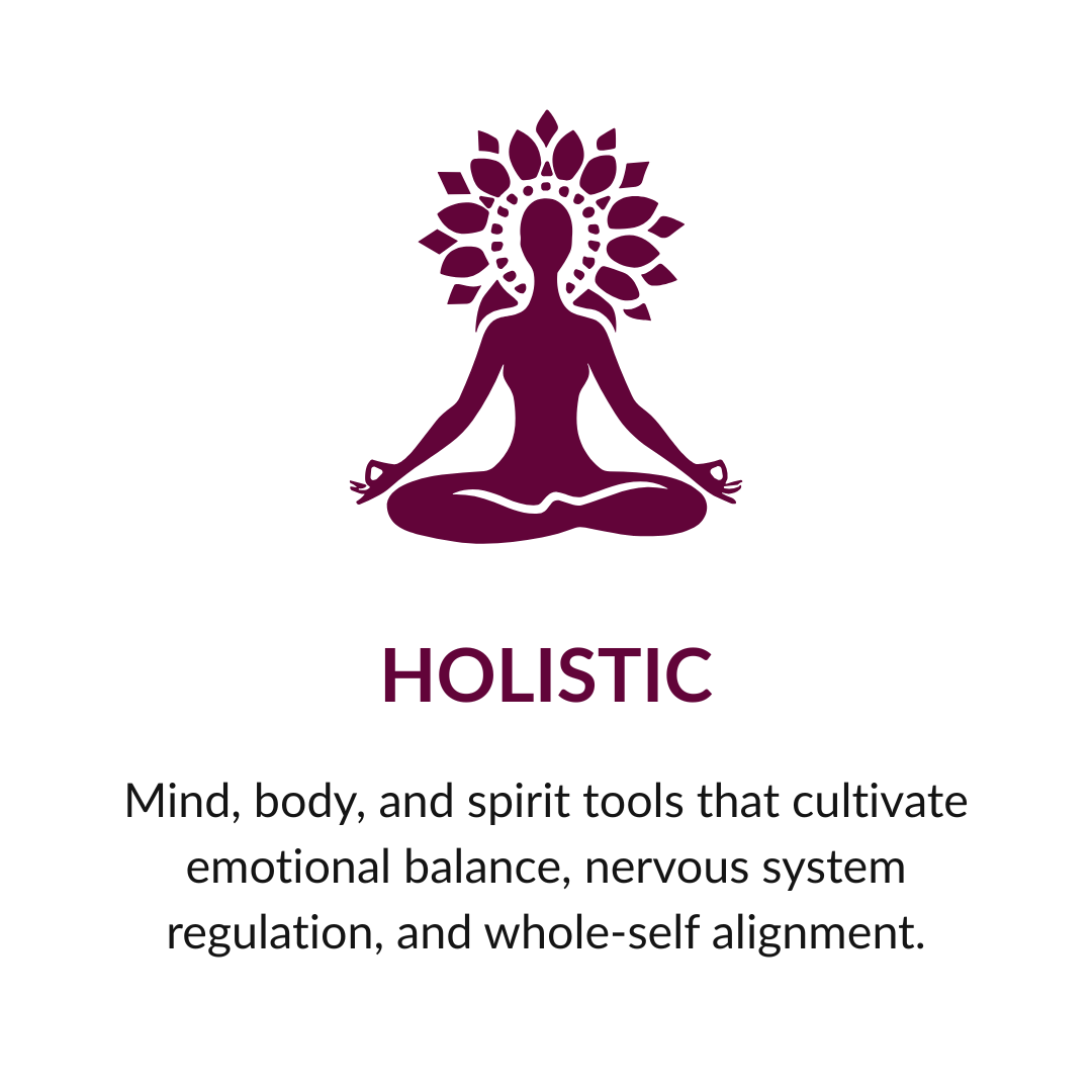 Silhouette of a person meditating in a lotus pose, with a decorative lotus flower around the head, symbolizing holistic balance; text reads 'HOLISTIC' and 'Mind, body, and spirit tools that cultivate emotional balance, nervous system regulation, and whole-self alignment.'