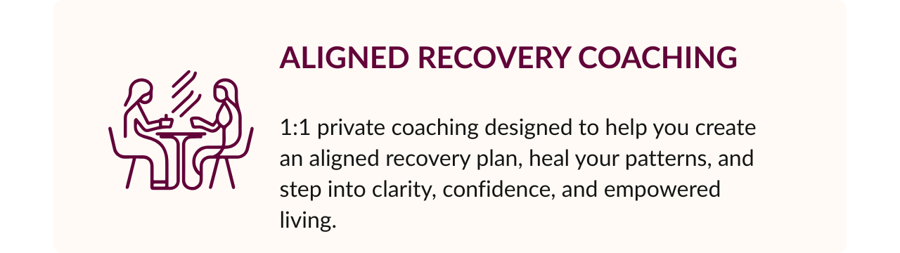 Icon of two people sitting at a table, engaging in a conversation, with the text 'ALIGNED RECOVERY COACHING' and description of private coaching for recovery.
