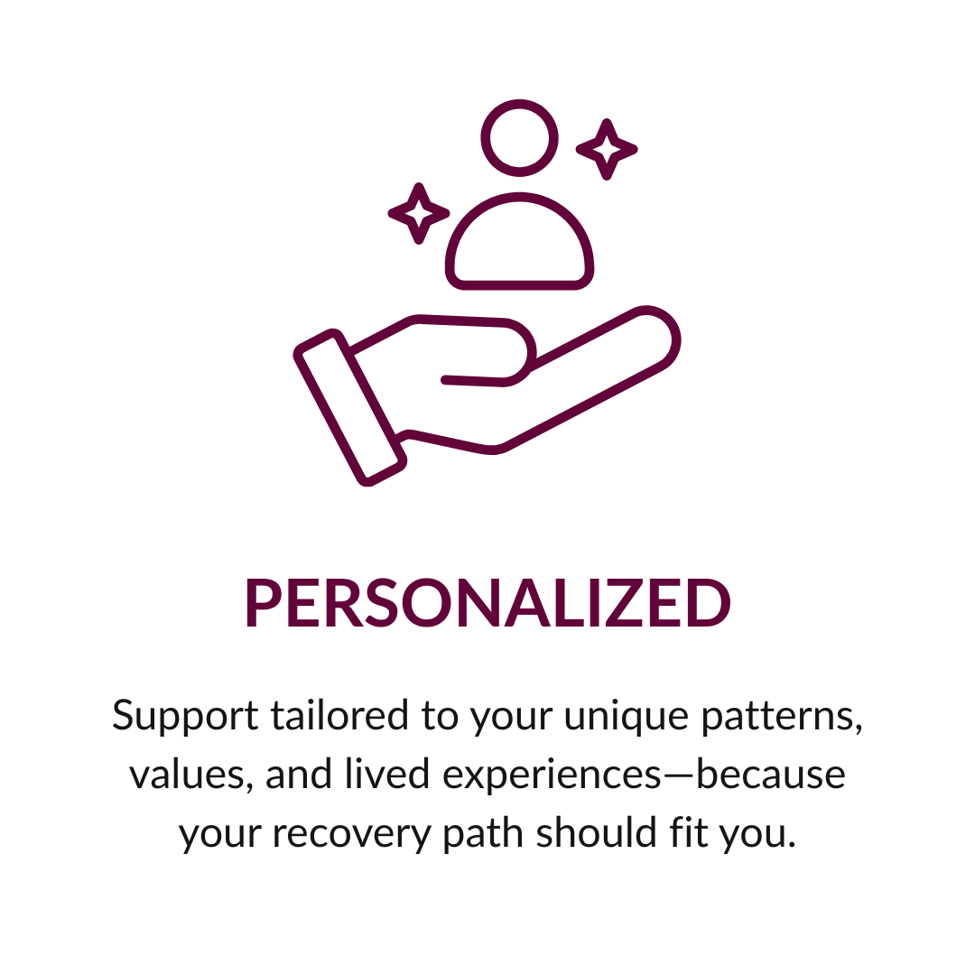 Line drawing of a hand holding a person icon with sparkles around it, representing support and personalization, with the word 'PERSONALIZED' below and a description about tailored support.