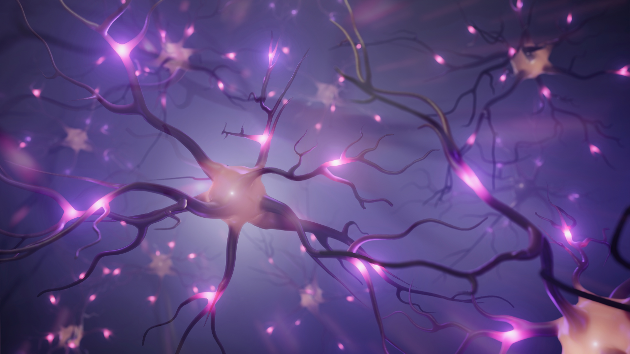 Illustration of neurons with glowing synapses in purple hues.
