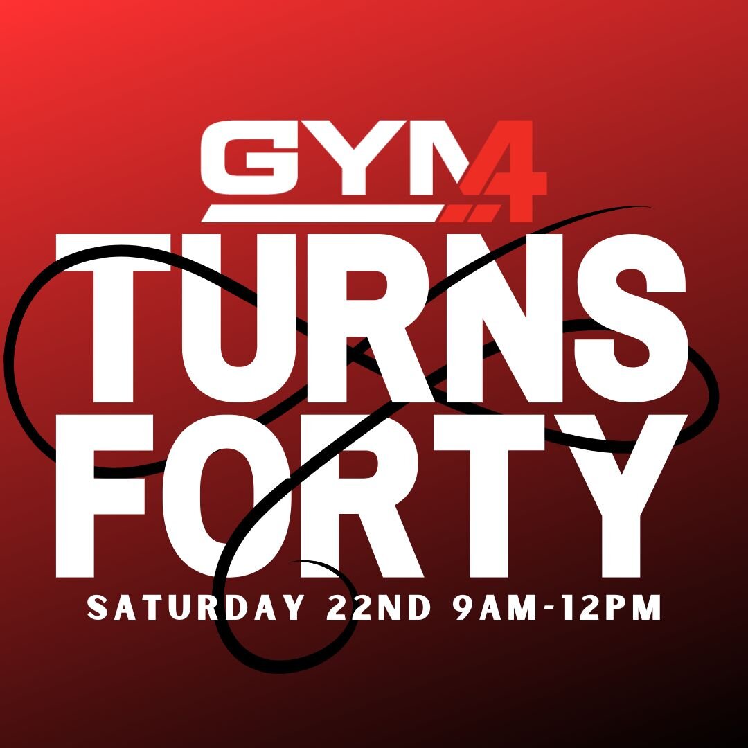 🥳APRIL 22ND SAT🥳

Book it in!! 9am - 12pm here at GYM4 we will be celebrating our 40th. That's right, OUR FORTIETH!!❤🤩 

We are inviting all our PAST STAFF, PAST and PRESENT MEMBERS, &amp; PAST OWNERS to help celebrate our special day!!❤❤

Come on