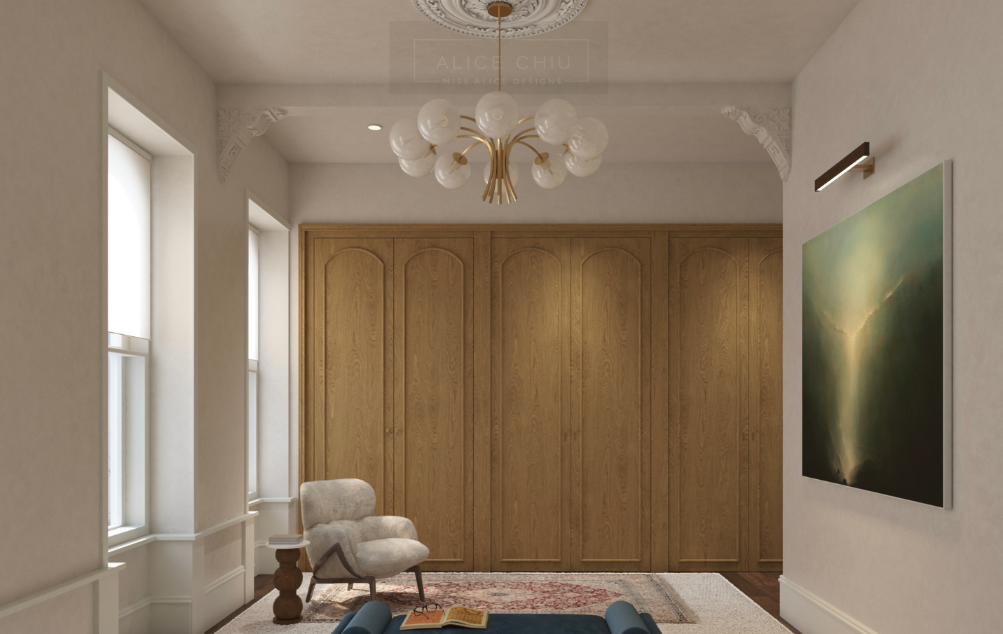 Custom rift sawn oak master bedroom closet with antique vintage oriental rug, boucle upholstered accent chair, artwork, Parisian style french chandelier, and side table