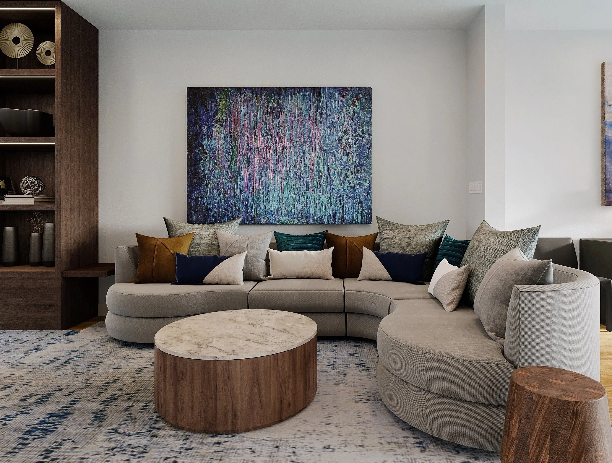 modern cozy living room, artwork,custom wood cabinet, round marble coffee table, wood side table, curved sectional, pillows, rug, colorful artwork