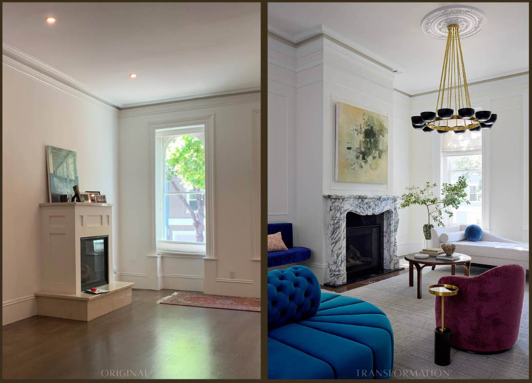 Miss Alice Designs Hayes Valley Luxury living room design, marble fireplace, Parisian-French modern design, artwork, custom furniture, colors, velvet, custom rug, architectural trim