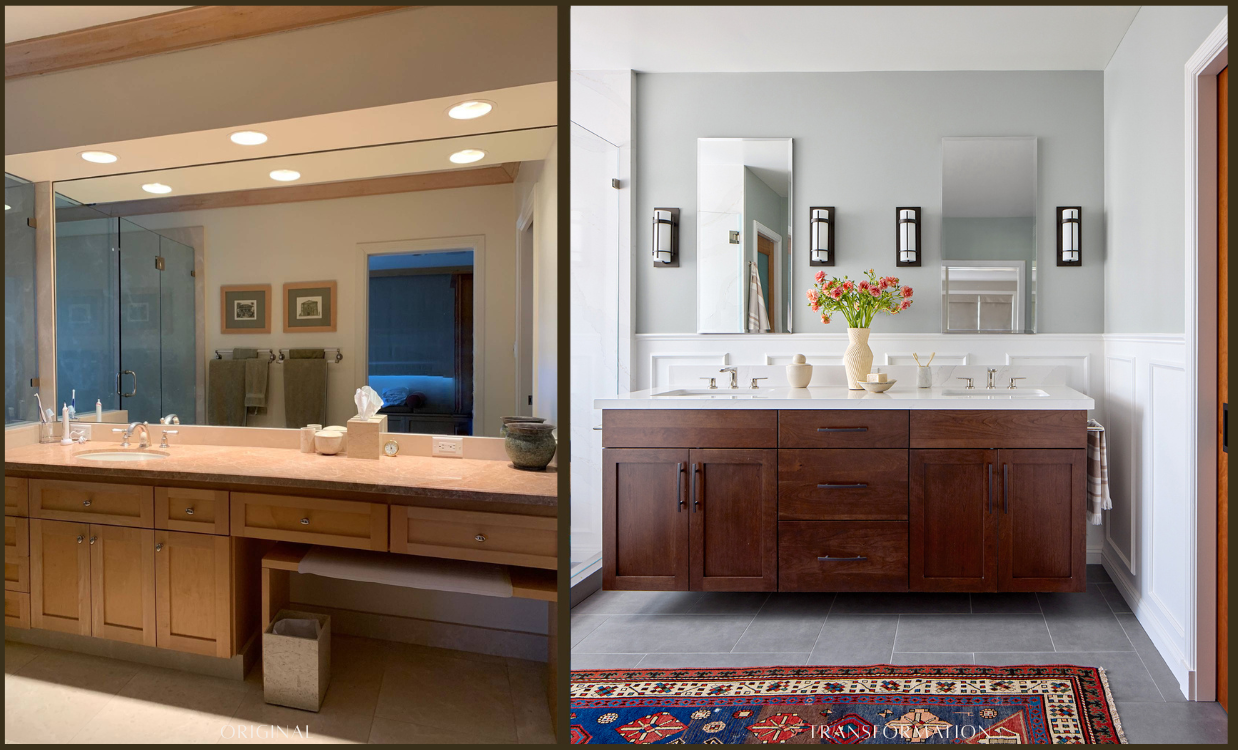 Pacific Heights Before and Luxury Bathroom Makeover, Expansion with a custom vanity, wet room clad in stone, subtle asian influences with wall sconces, wainscoting