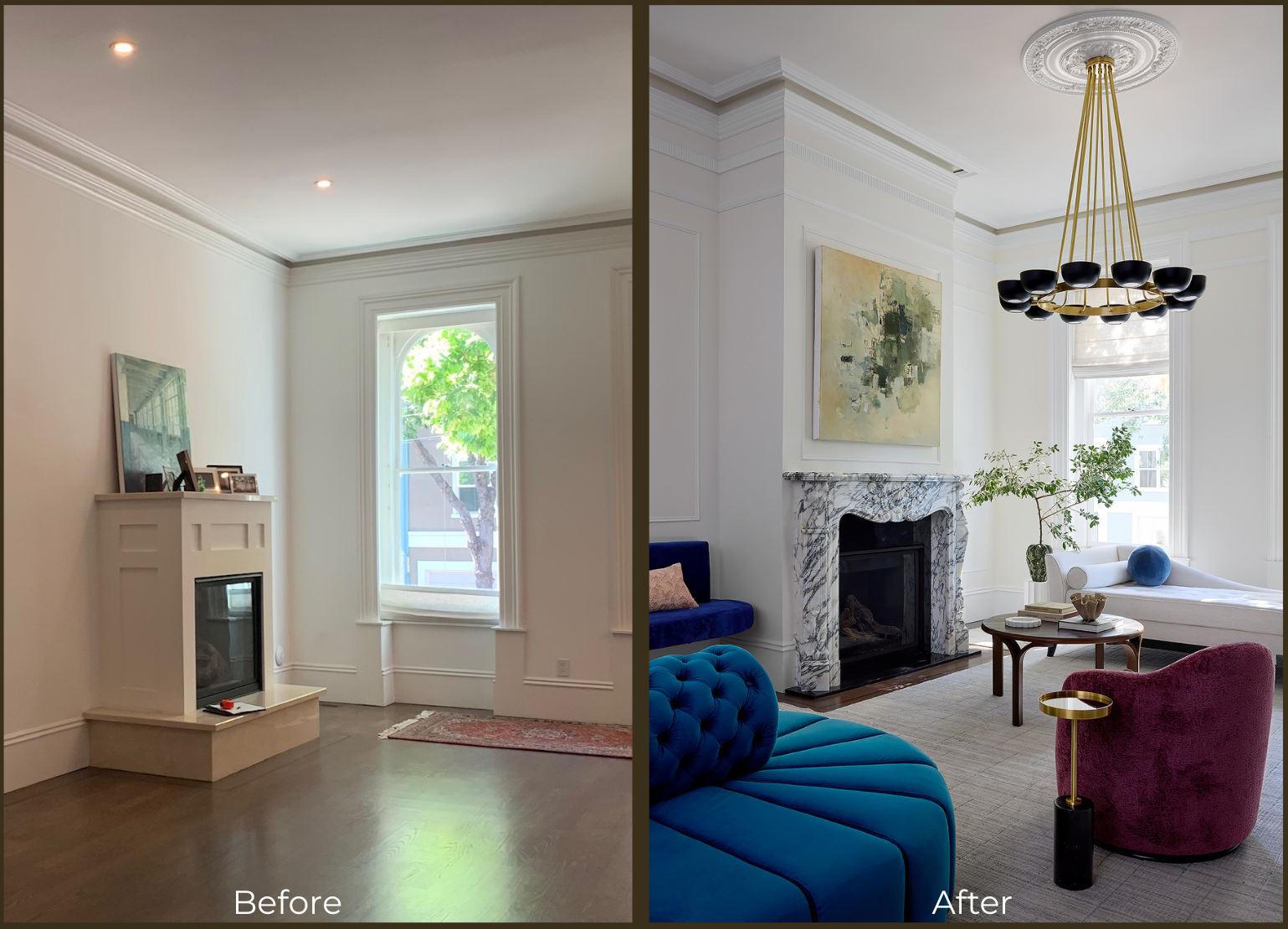 Miss Alice Designs Hayes Valley Luxury living room design, marble fireplace, Parisian-French modern design, artwork, custom furniture, colors, velvet, custom rug, architectural trim