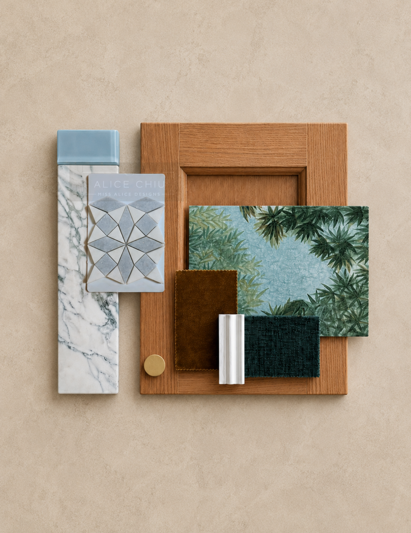 Interior Design Flatlay - marble, glass tiles, oak door, brass knob, fabric, wallpaper