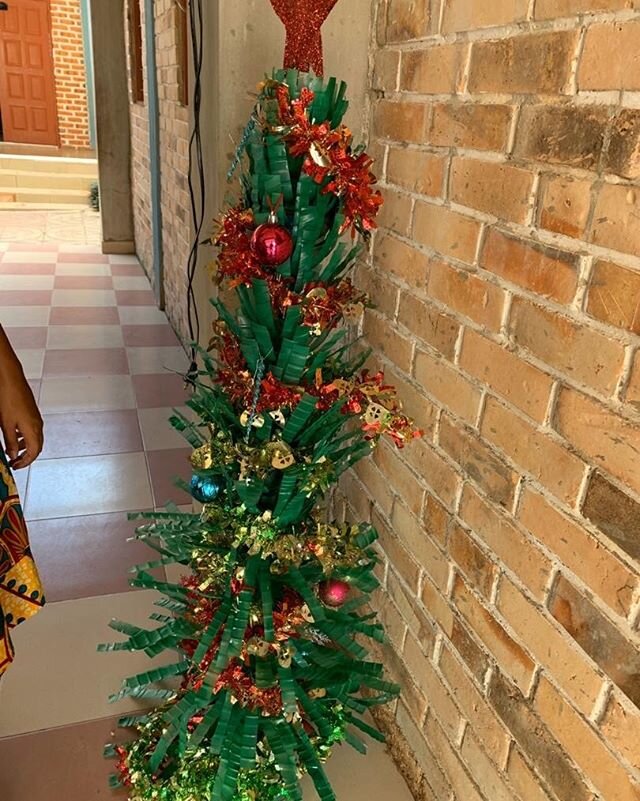 Our Christmas tree decks the halls of Semanhyiya American School and is made from recycled water bottles! #Ghana #Africa #education #Christmas #recycle #SAS #Semesteratsea