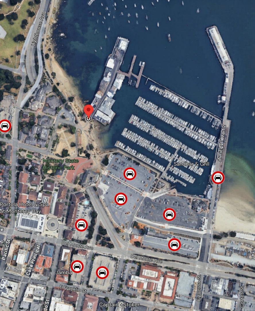 Monterey Wharf Parking Map Aerial view of the wharf area in Monterey with points show ing parking areas.