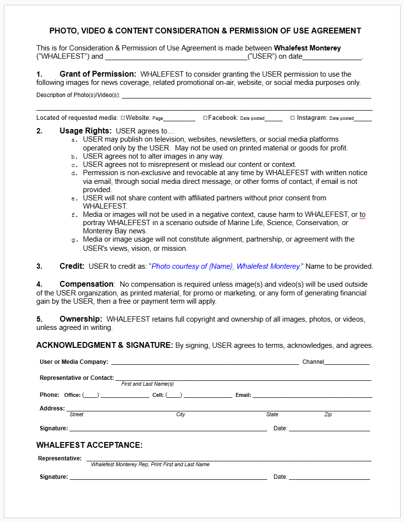 screenshot of a form entitled PHOTO, VIDEO & CONTENT CONSIDERATION & PERMISSION OF USE AGREEMENT