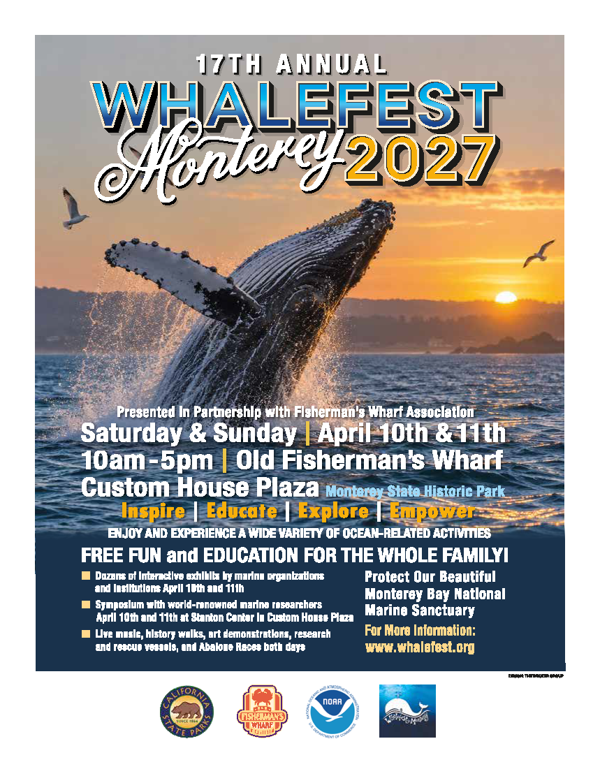 Image of an event flyer for the 17th annual well fest Monterey 2027 featuring a humpback whale breaching out of the water with a sunset in the background.