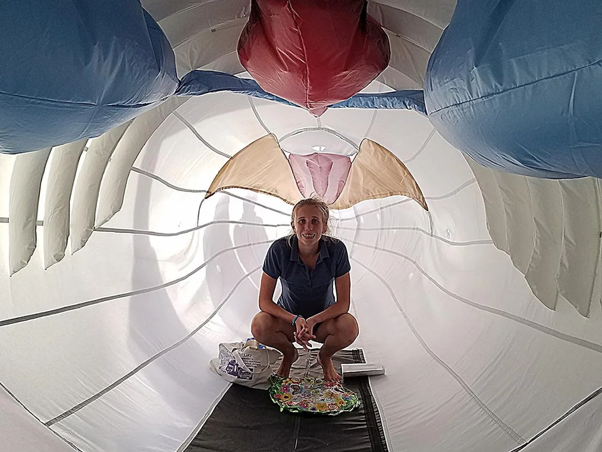 Person inside a large inflatable whale model