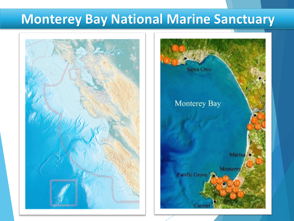 Image of Monterey Bay National Marine Sanctuary of two different maps showing Monterey Bay Ocean and land
