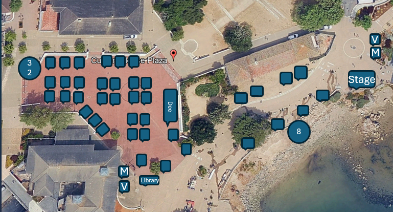 areal map over custom house paza with sample layout of tents