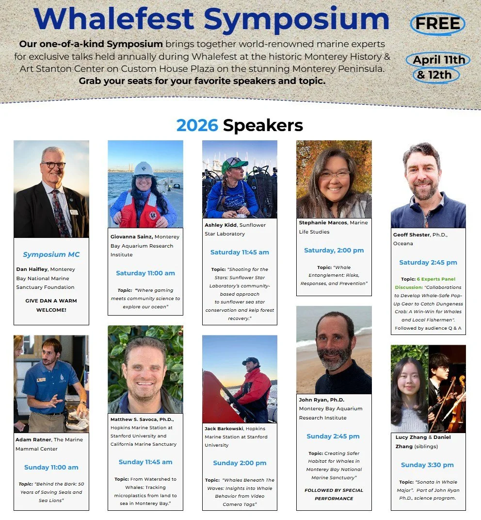 Image of several. people who will be speakers at a symposium with headshots of each speaker and information below each photo detailing the speaker's names time of talk and topic.