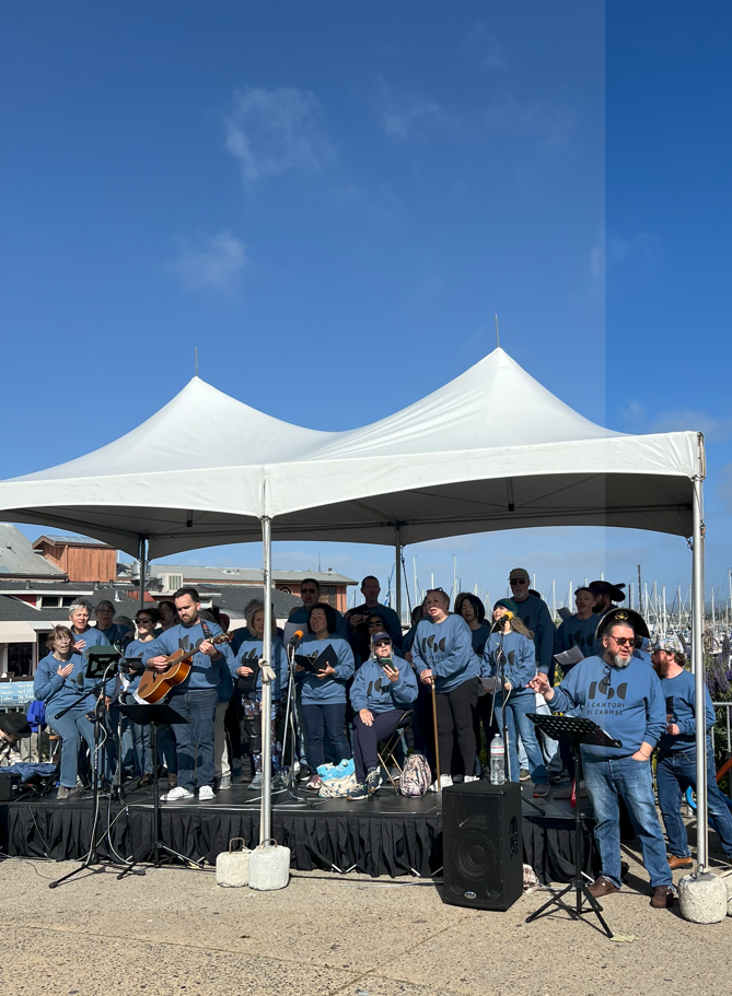 Large group of music performers wearing blue tops under a large white tent
