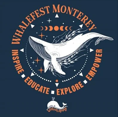 Image of a logo with a white humpback whale in the center, with orange words going around in a circle around the whale that say whale fest Monterey inspire, educate, explore and power.