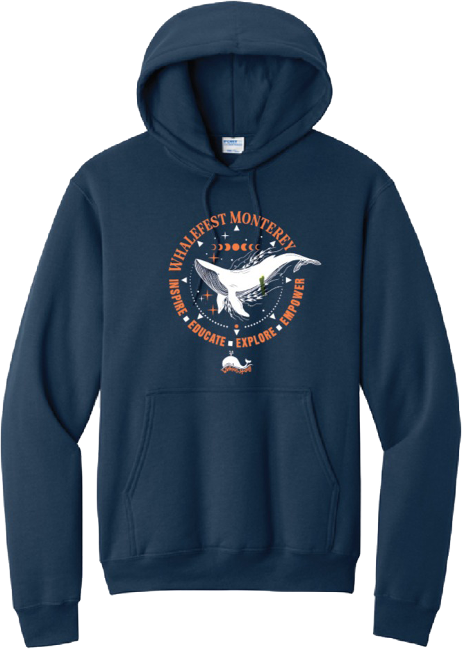 image of hoodie.  Image of a logo with a white humpback whale in the center, with orange words going around in a circle around the whale that say whale fest Monterey inspire, educate, explore and power.