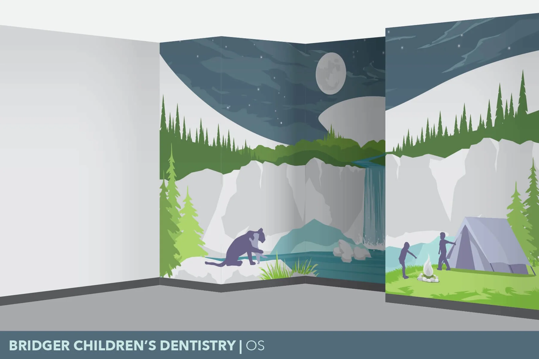 Illustration of a children’s operation room wall wrap with a nature-themed mural, depicting a forest, mountains, waterfall, and camping scene with silhouettes.