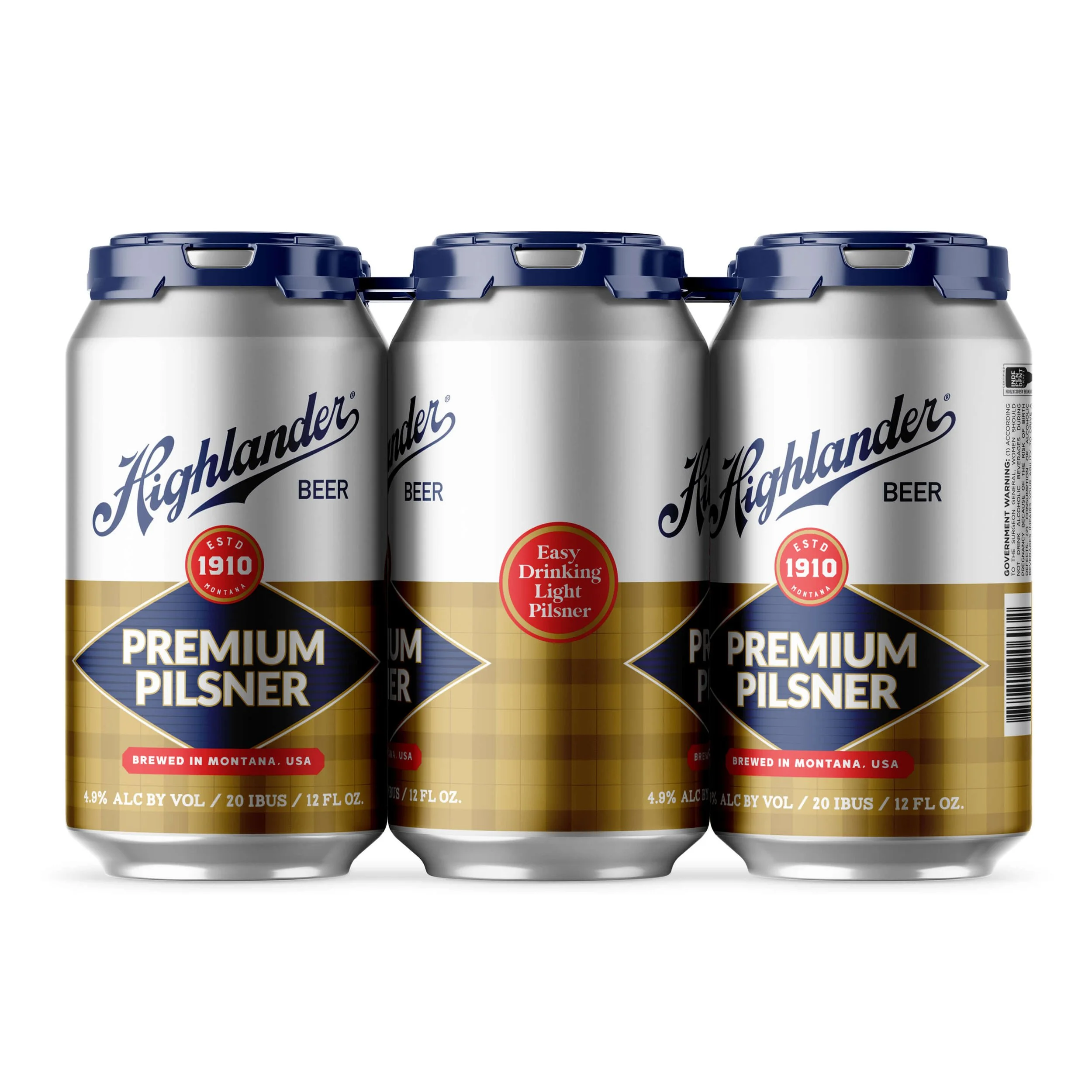 Highlander Premium Pilsner beer cans in a six-pack, featuring blue lids and gold labels, brewed in Montana, USA.