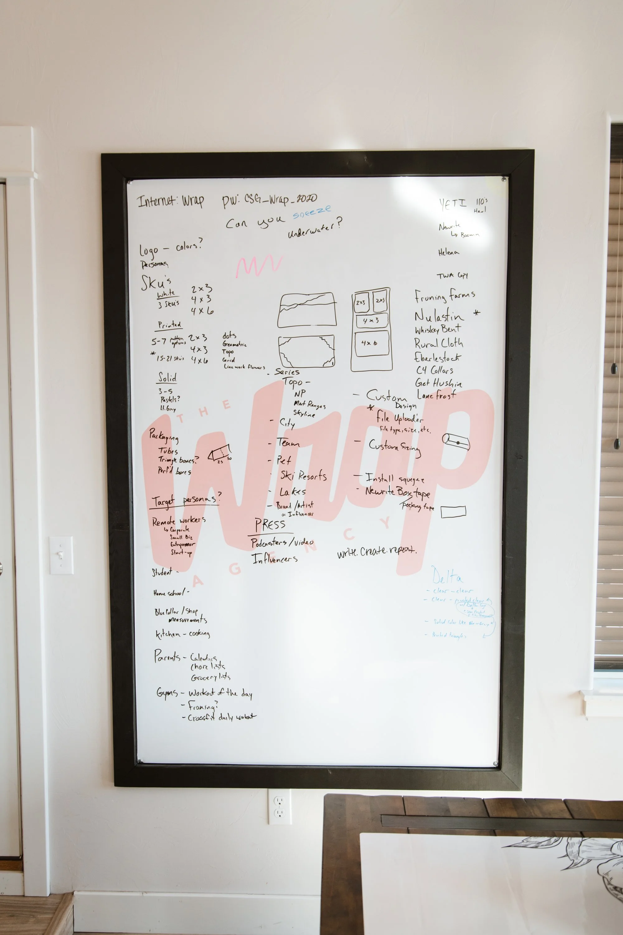 Framed dry erase wall graphic with a red Wrap logo beneath handwritten notes and sketches.