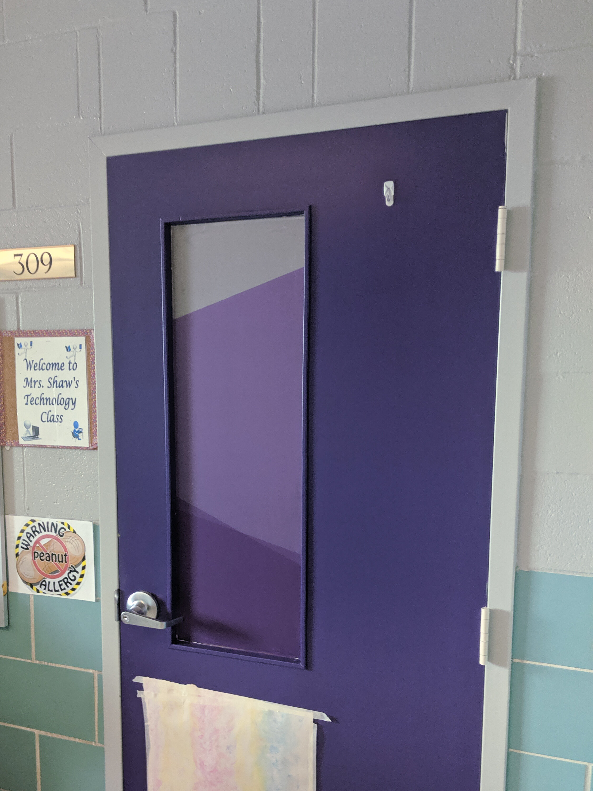 Purple classroom door with a mountain scene printed on frosted privacy film on the window. In Butte, Montana.