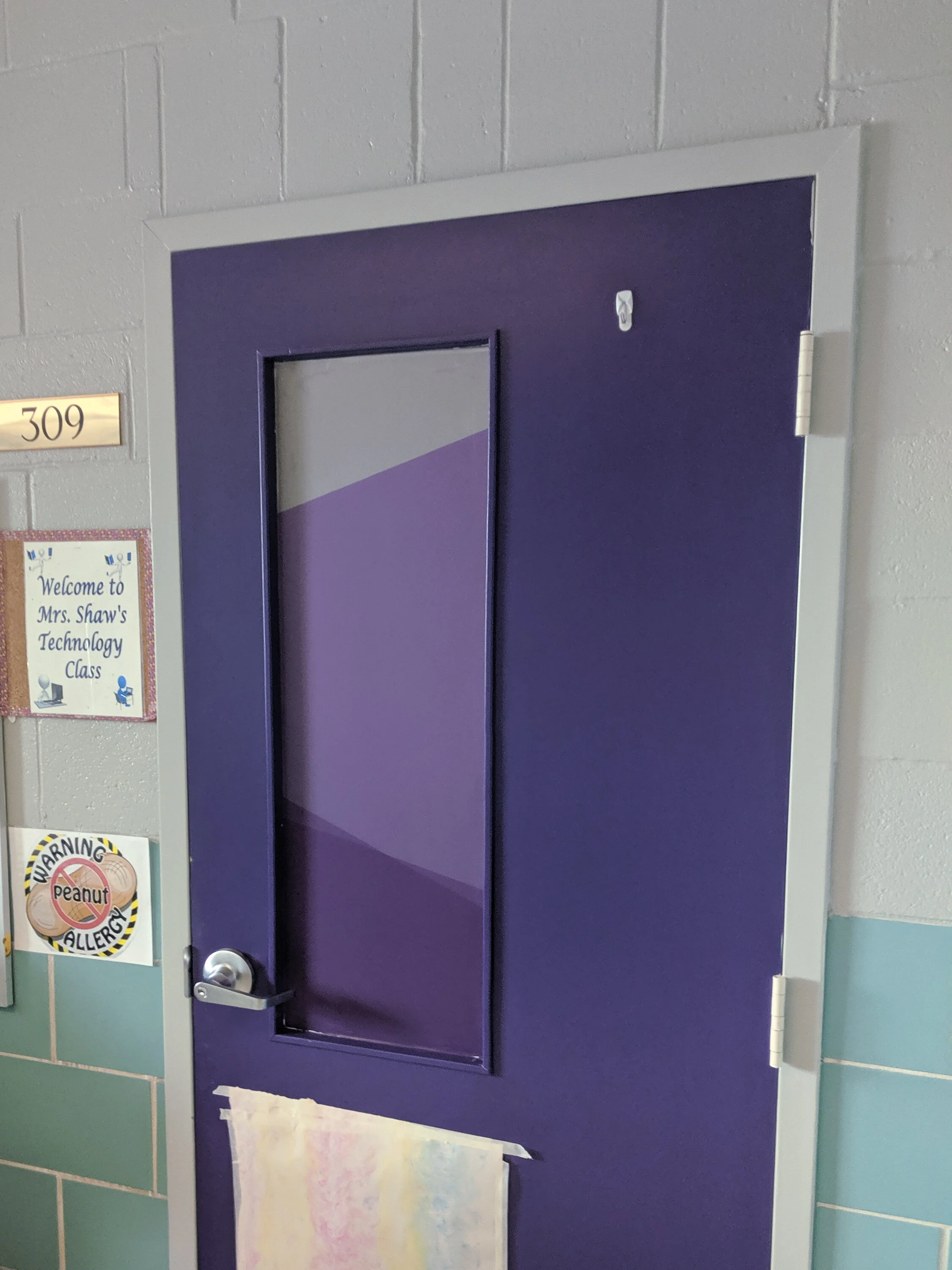 Purple classroom door with a mountain scene printed on frosted privacy film on the window. In Butte, Montana.
