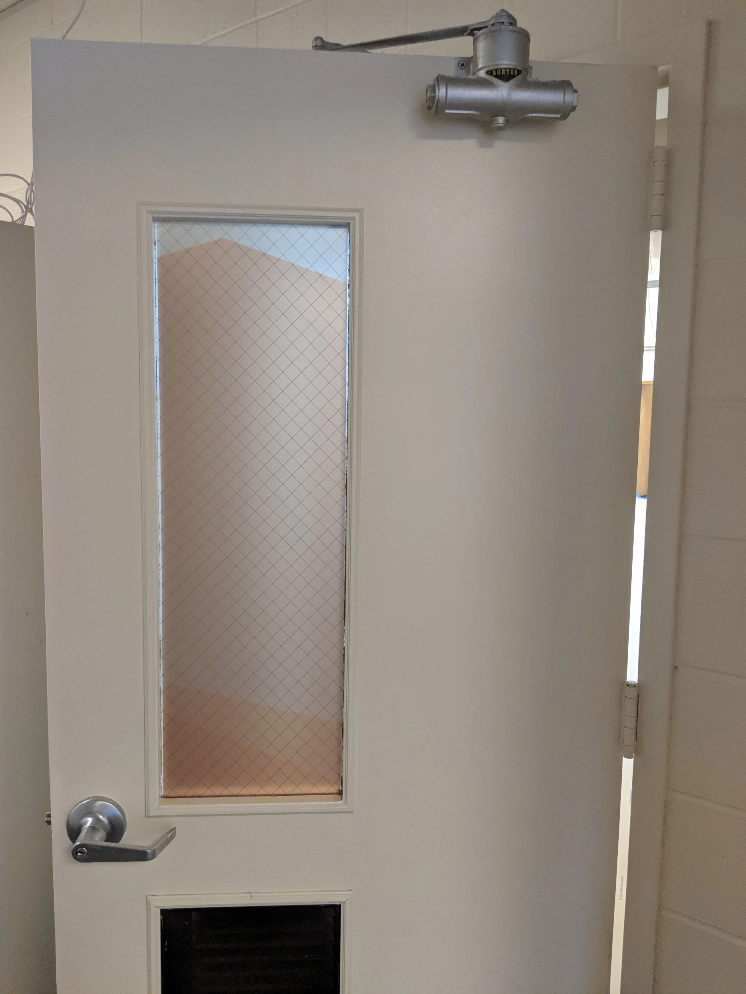 White door with wired glass window, door closer, and metal handle. Frosted privacy vinyl on window. In Butte, Montana.