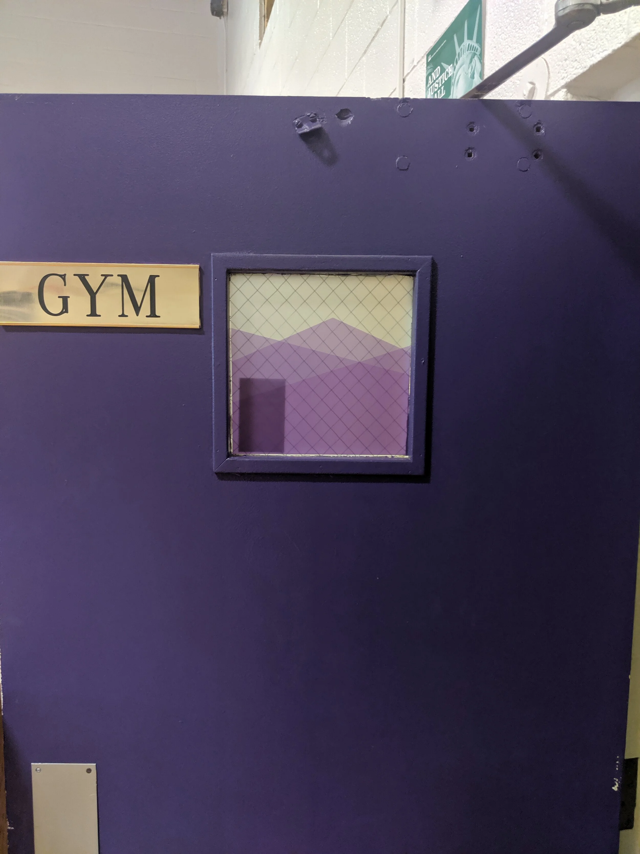 Purple door labeled 'GYM' with a small square window that has frosted privacy film on it. 