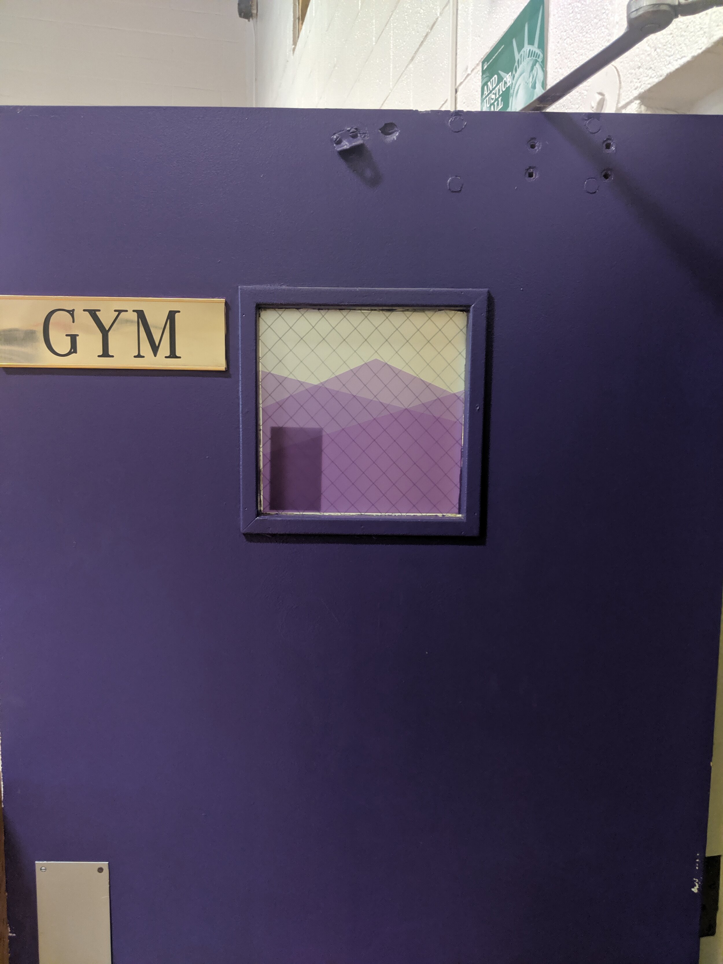 Purple door labeled 'GYM' with a small square window that has frosted privacy film on it.