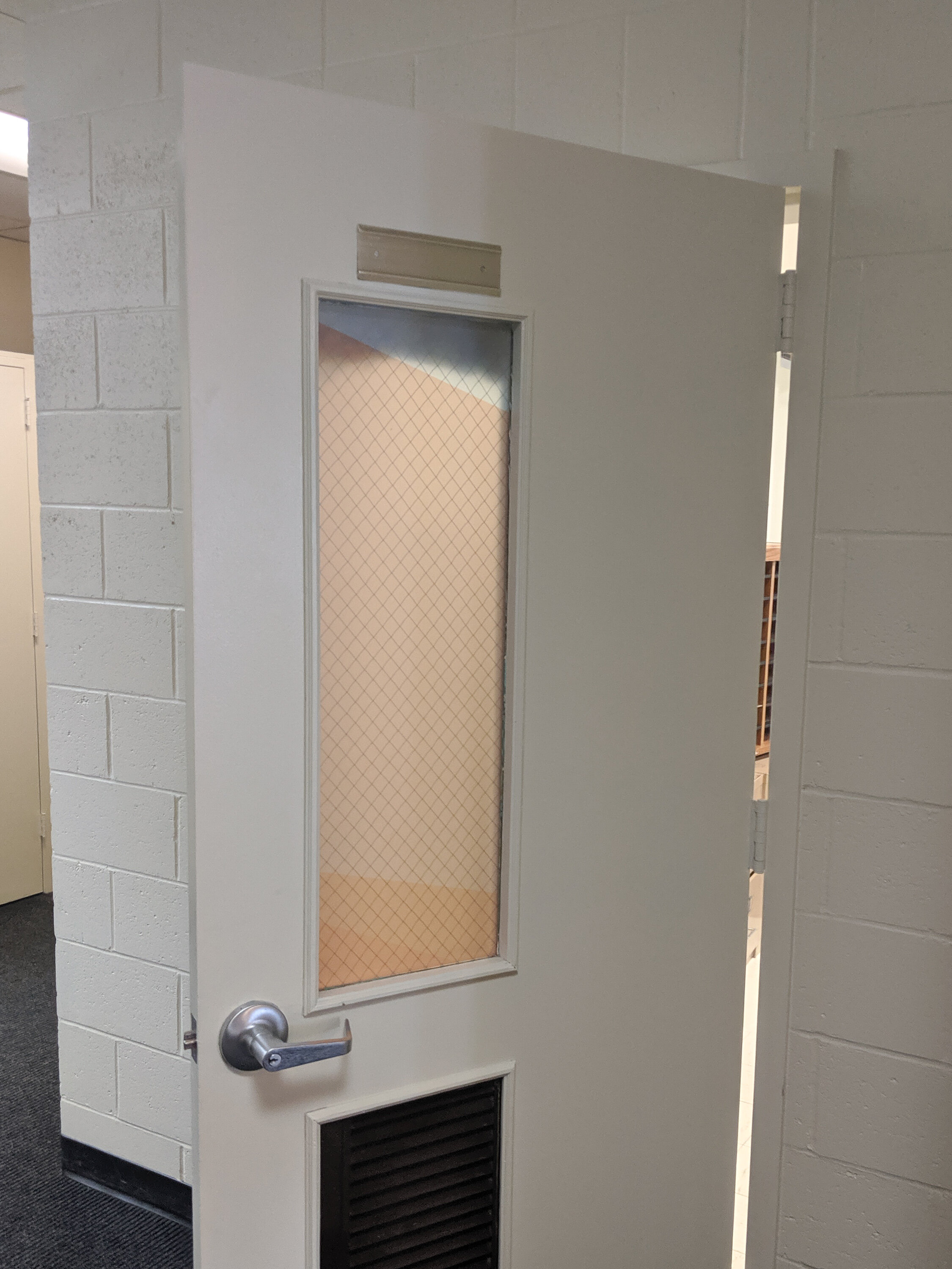 White door with wire-reinforced glass panel and a metal handle, set in a brick wall, partially open. Frosted privacy vinyl on window. In Butte, Montana.