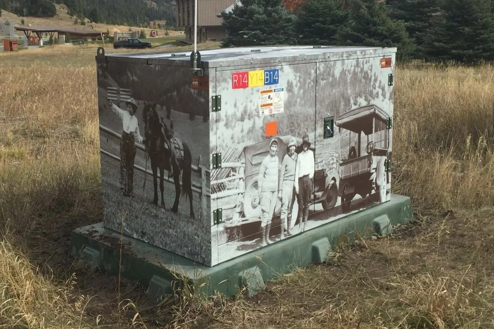 Traffic box fully wrapped in a black-and-white collage of historic images.