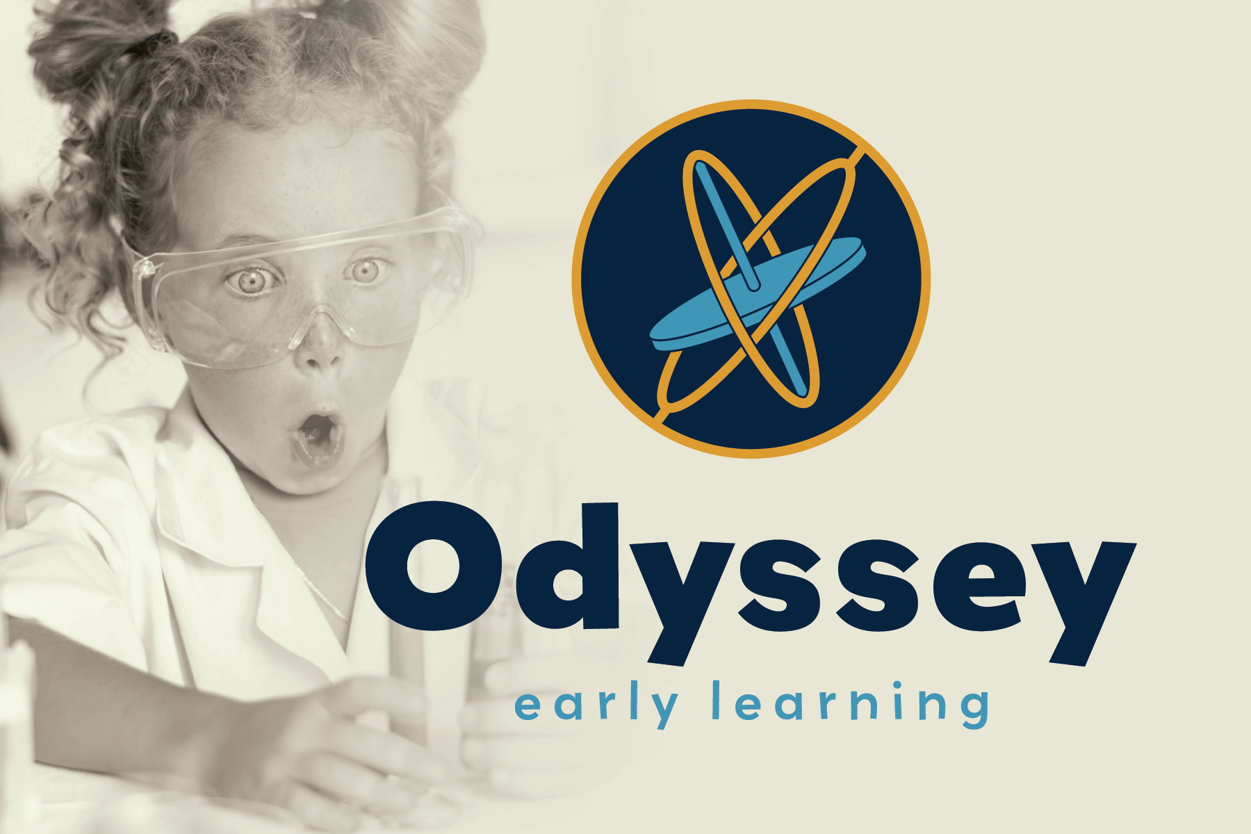 Odyssey Early Learning logo and text with a little girl doing a science experiment in the background.