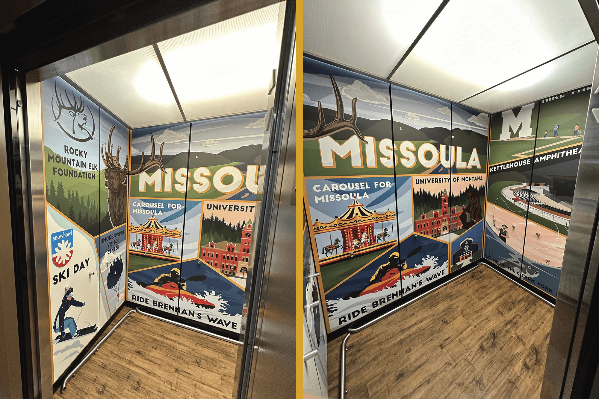 Interior of an elevator with mural-style wall designs showcasing Missoula attractions, including Rocky Mountain Elk Foundation, University of Montana, a carousel, skiing, and kayaking.