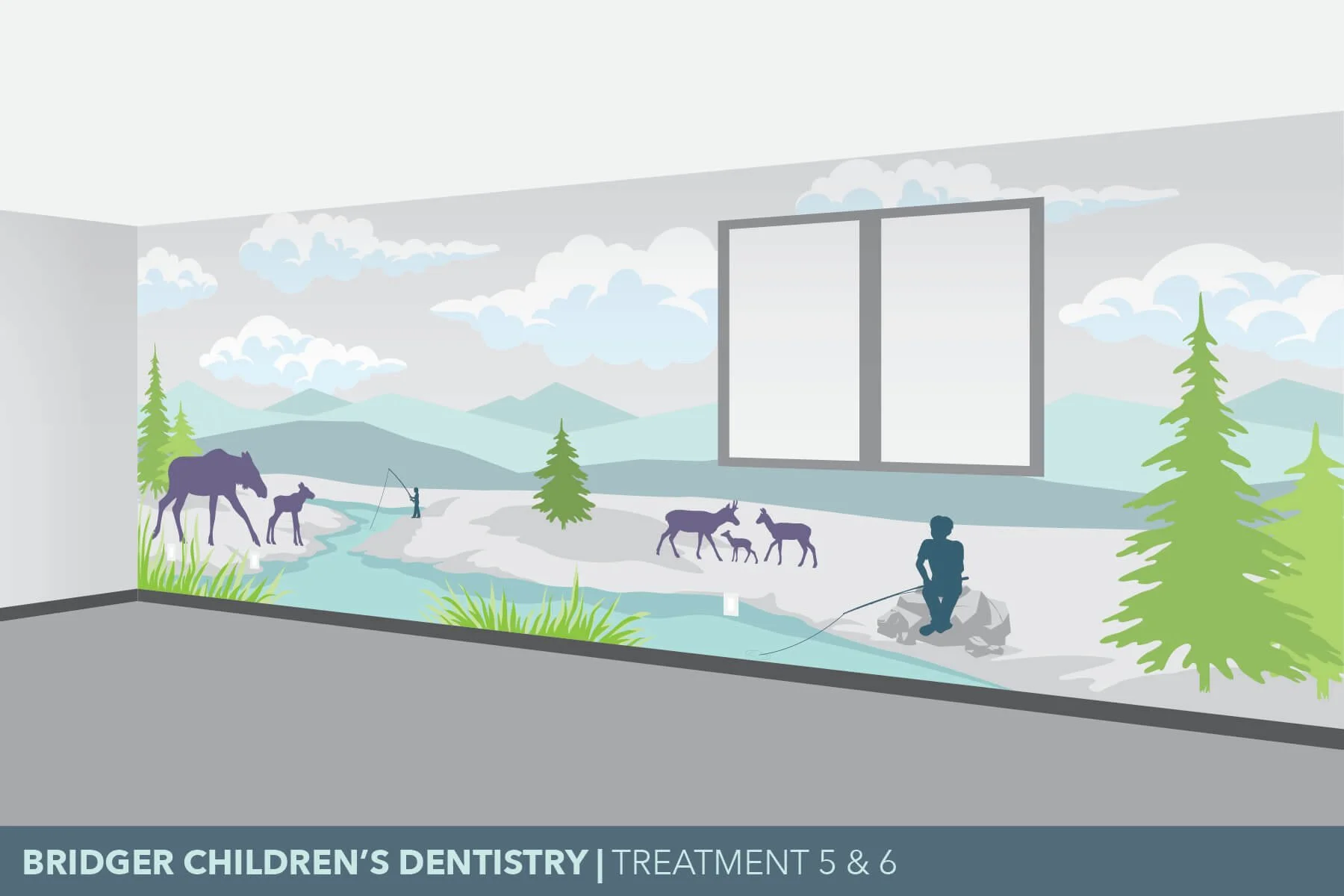 Illustration of a children's dental office wall mural showing a nature scene with mountains, clouds, trees, a stream, people fishing, and silhouettes of deer, including a moose with a calf, and a family of antelope.