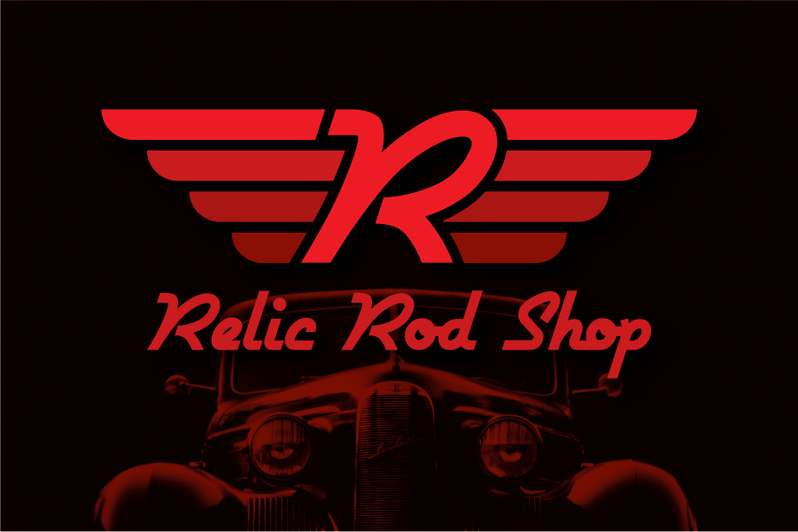 Red R with wings logo for Relic Rod Shop above a classic vintage car on a black background.