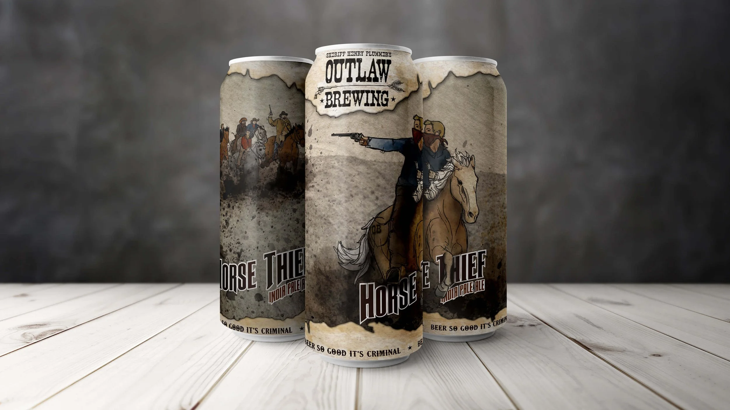 Beer can label design for Horse Thief India Pale Ale from Outlaw Brewing, featuring cowboy-themed artwork.