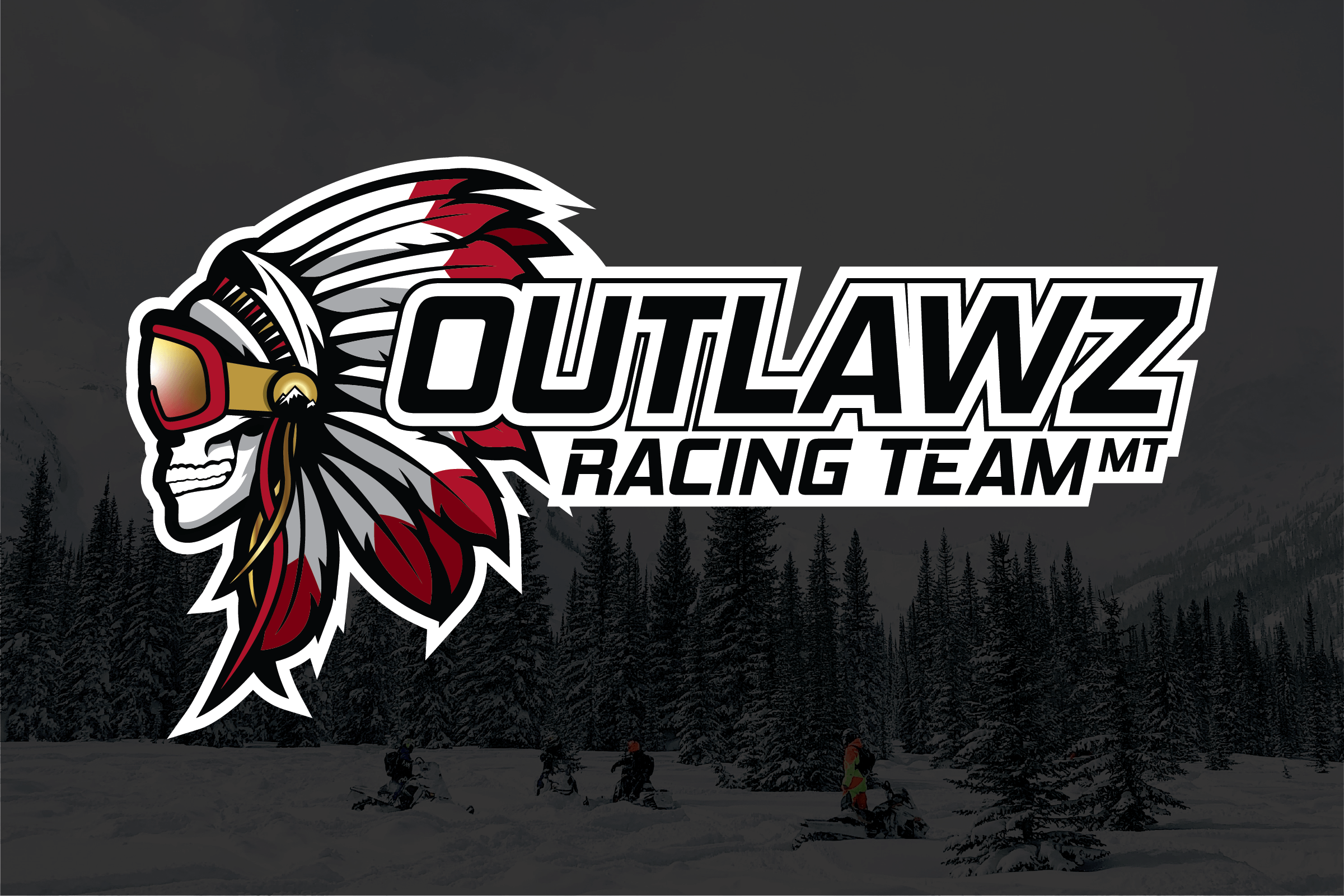 Logo for Outlawz Racing Team featuring a stylized skull with goggles and a feather headdress, set against a snowy forest backdrop with snowmobilers.