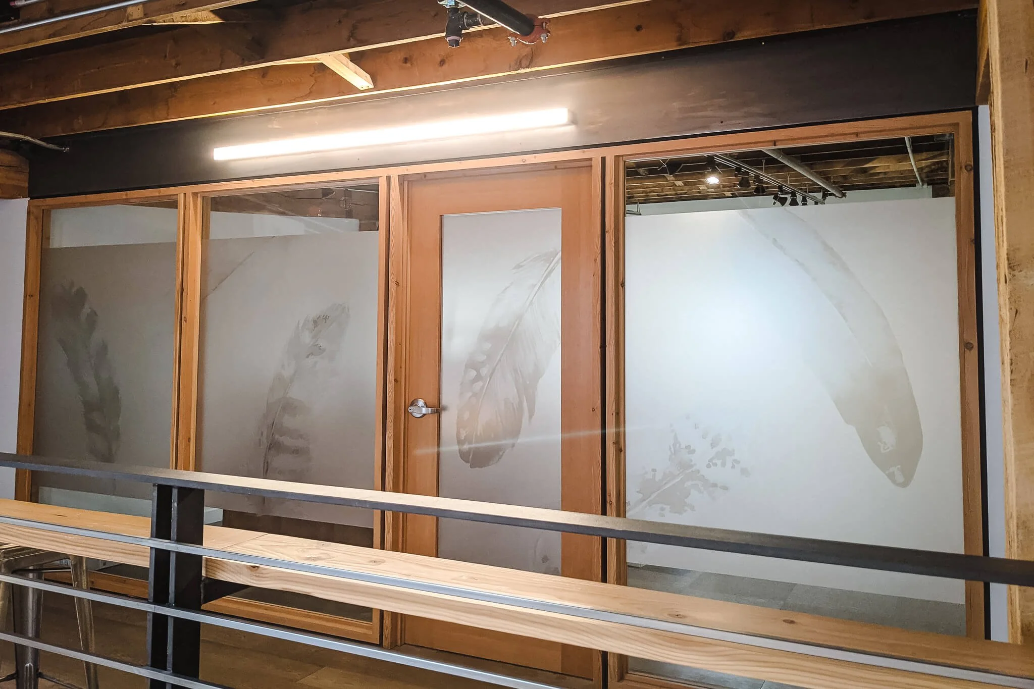 Modern office interior showcases glass door and wall window graphics with feather illustrations etched into the frosted film for a soft, nature-inspired aesthetic.