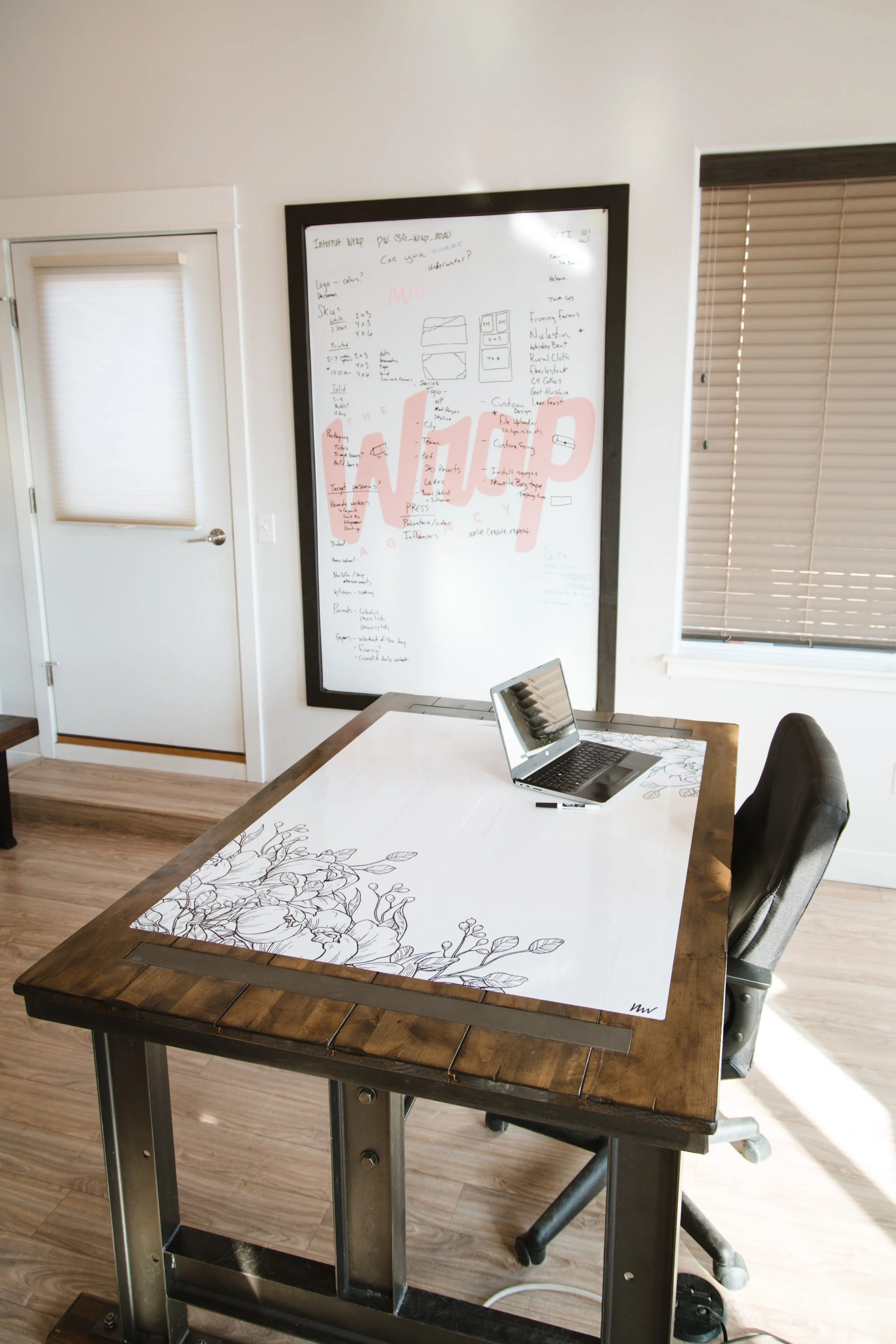 Floral desk wrap made from dry erase material, with handwritten notes beside a laptop.