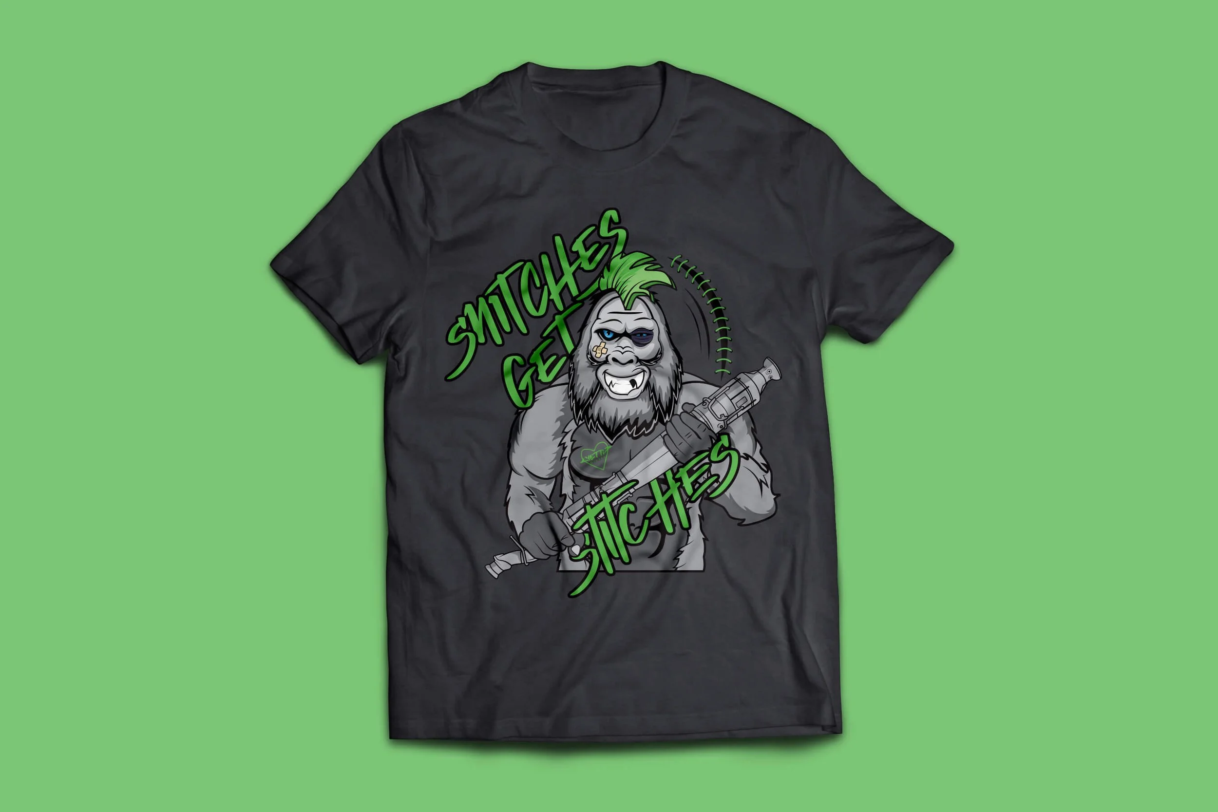 Custom t-shirt design for YETTI Diesel with cartoon gorilla holding a gun and green text Snitches Get Stitches.