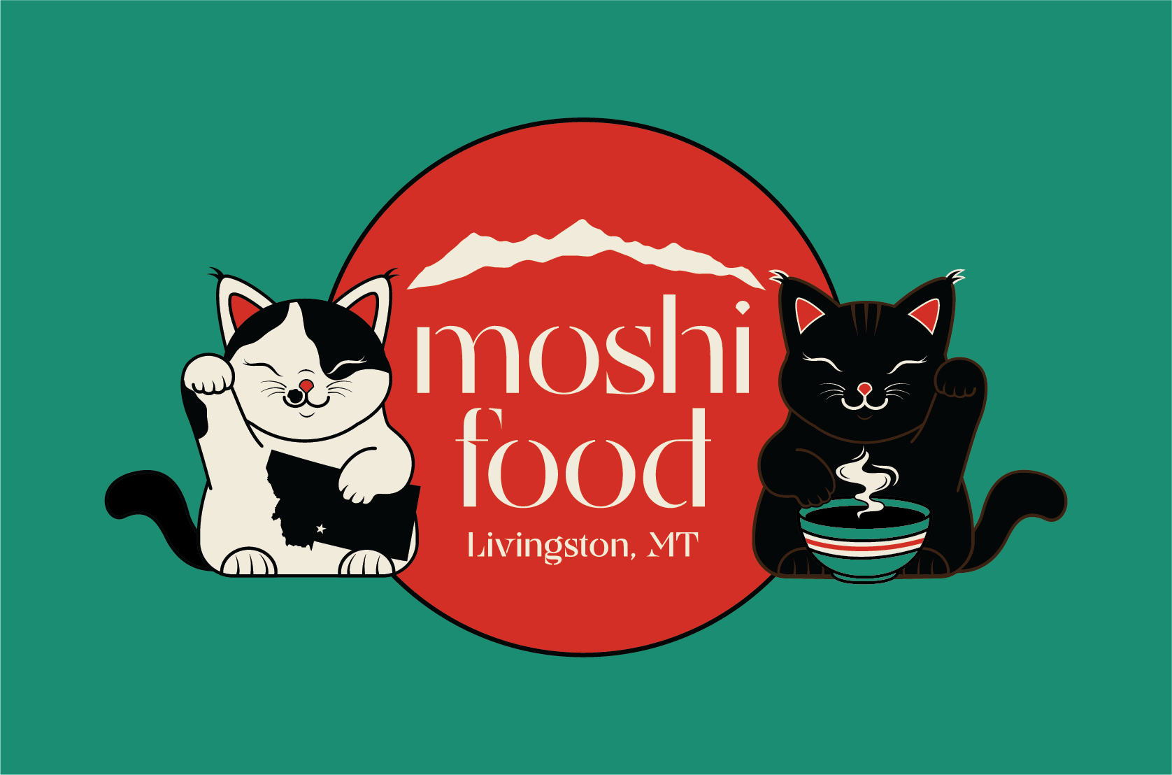 Logo featuring two cartoon cats with a red circle background, one holding a Montana map and the other a steaming bowl, with text saying Moshi food Livingston, MT, and a mountain silhouette.
