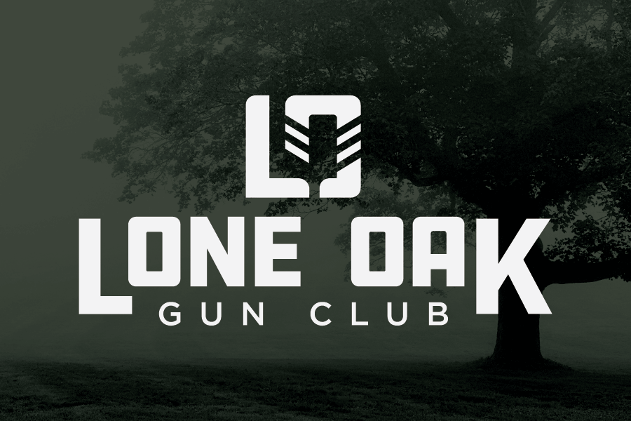 Lone Oak Gun Club logo with a stylized LO and silhouette of an oak tree background.