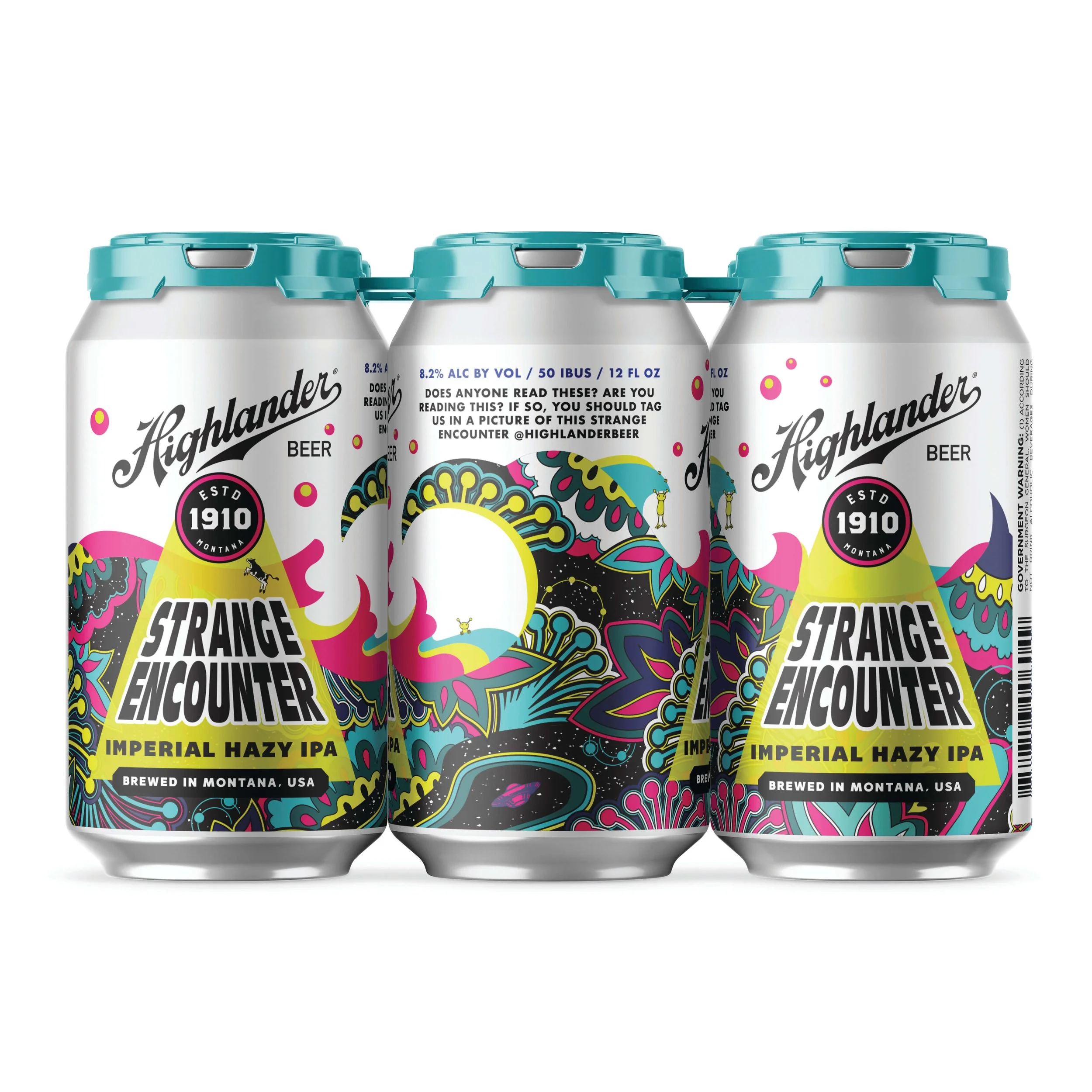 Highlander Strange Encounter Imperial Hazy IPA beer cans with colorful psychedelic design.