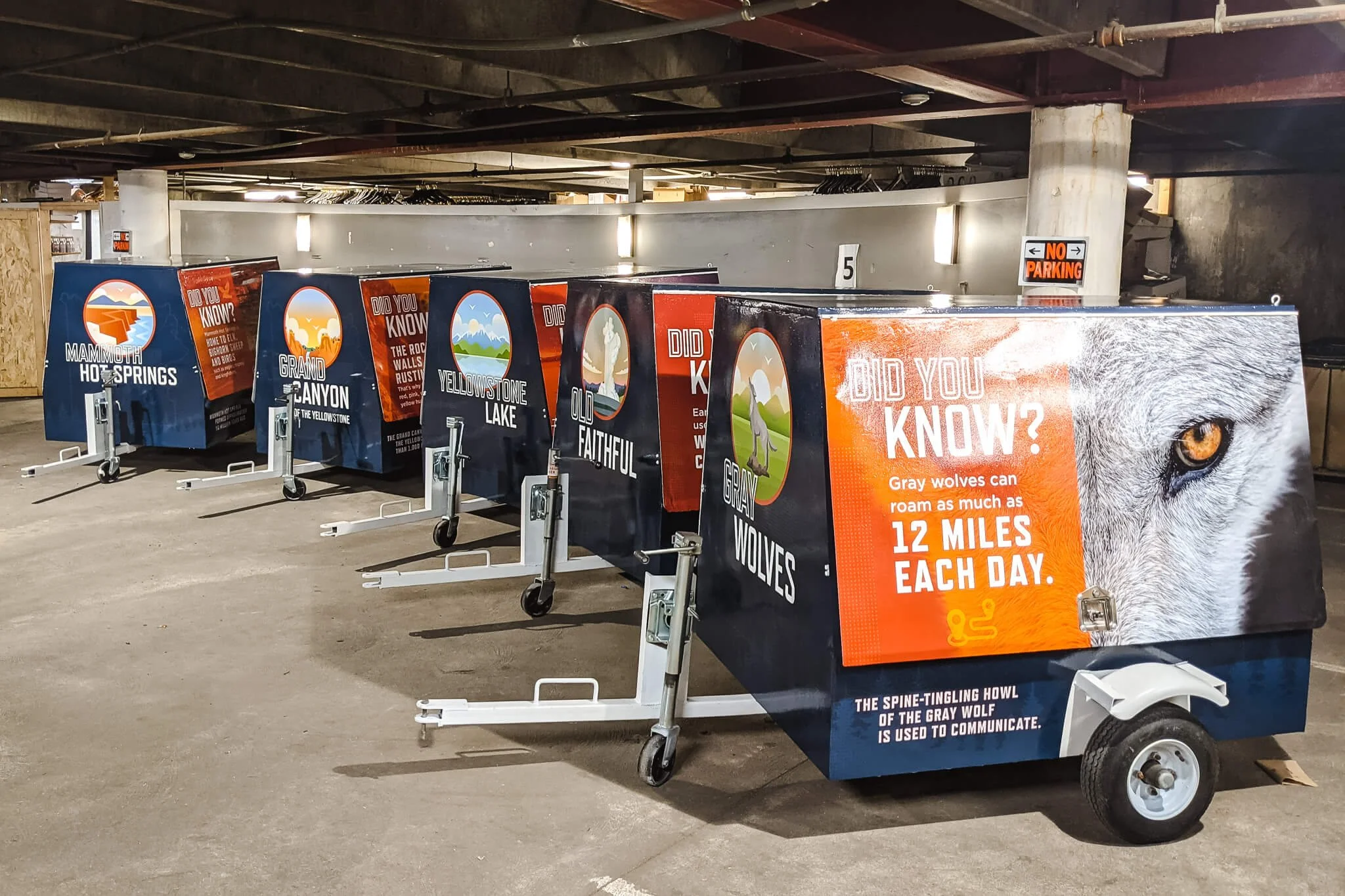 Five trailers arranged in an arc all with full wraps with varying designs for Yellowstone National Park housekeeping crews
