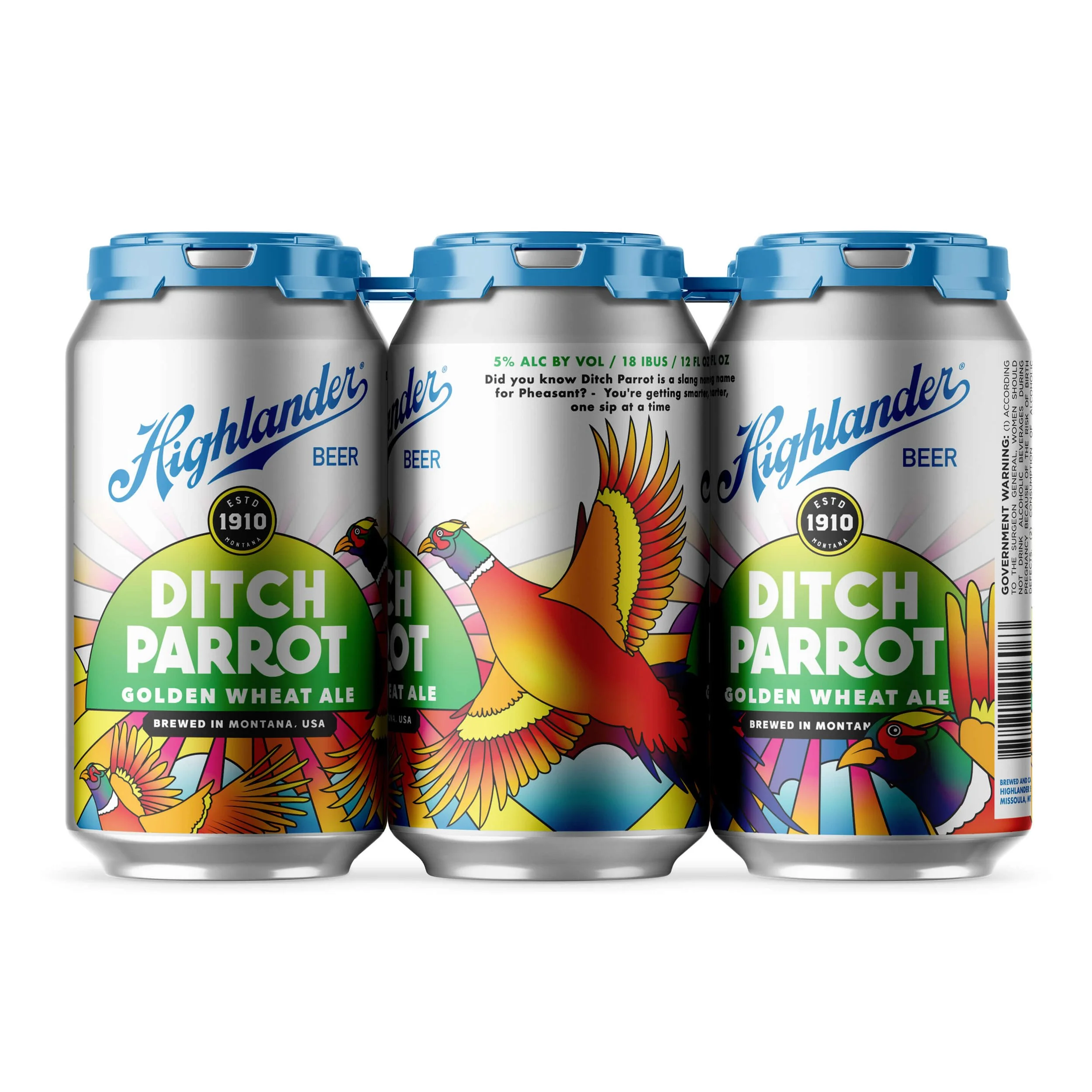 Cans of Highlander Ditch Parrot Golden Wheat Ale in a six-pack, featuring pheasant graphics.