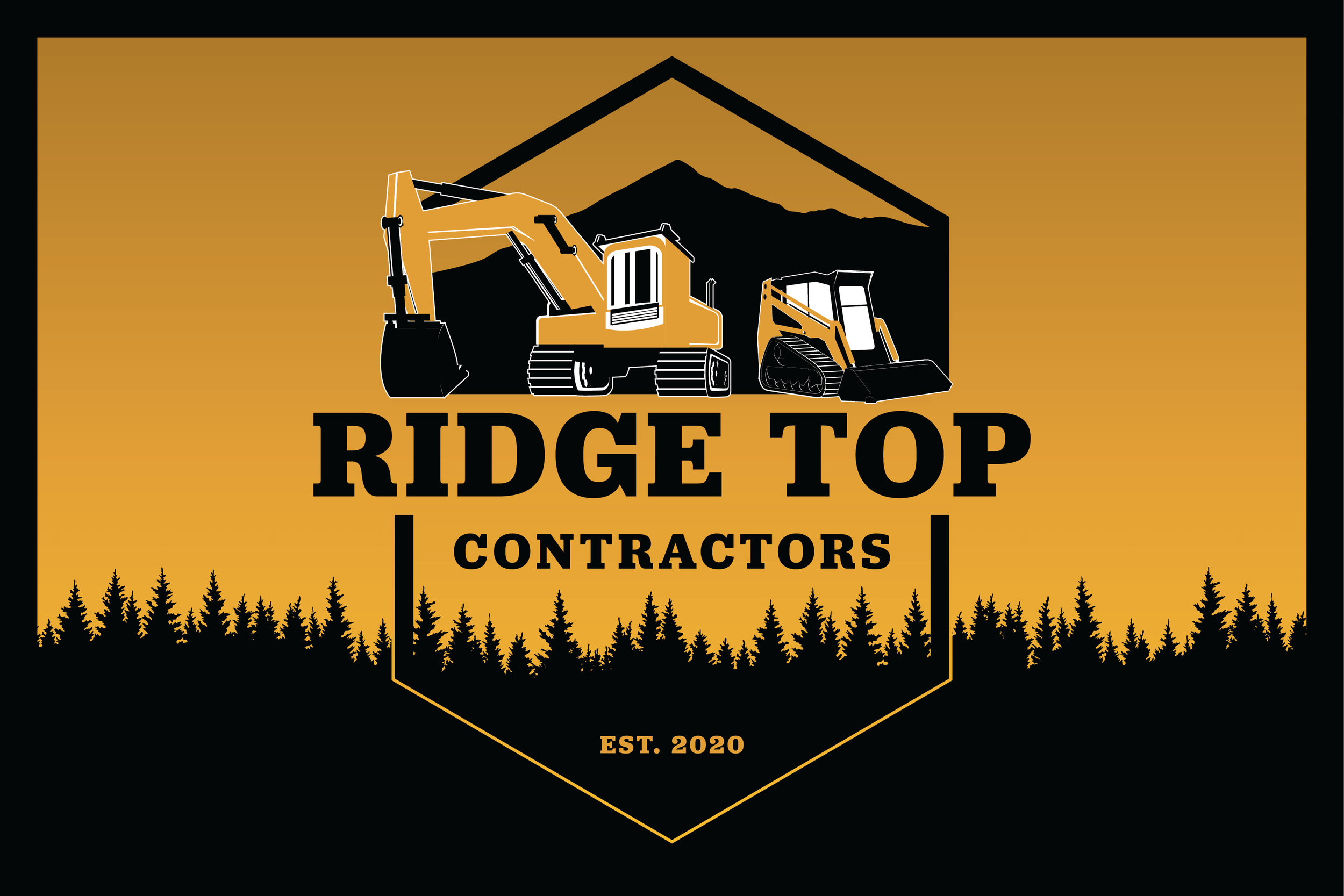 Logo for Ridge Top Contractors featuring construction equipment, mountain silhouette, and tree line, with Est. 2020 mark.
